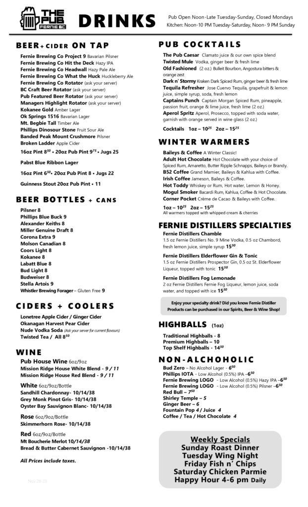The Pub Bar & Grill in Park Place Lodge Fernie British Columbia Craft Beer, Draft and Drinks Menu